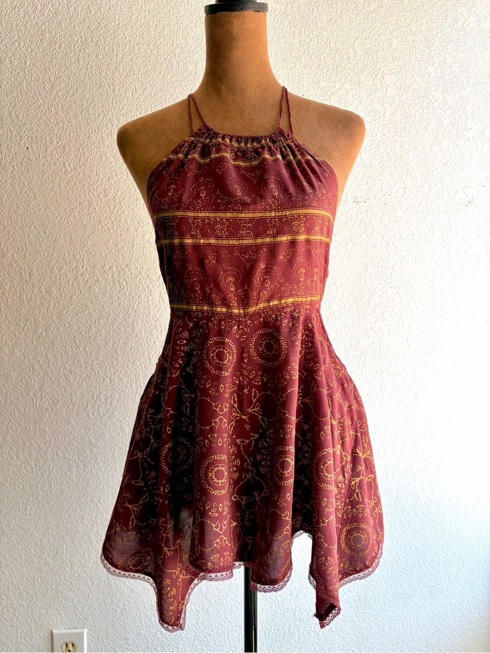 Free People Intimately Halter Romper Teddy Sz XS Maroon/Yellow Ethnic Print